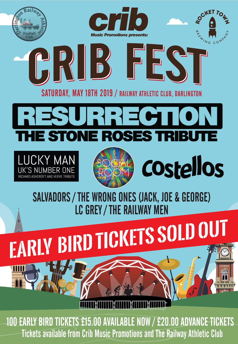 Early bird tickets have now SOLD OUT!! Advance sale tickets are available from @DarloRAFC or from <a href="/NeilCrib/">Neil Hanlon</a> for £20 each. Get them now!!! 2nd line up announcement coming soon. <a href="/Rockettownbrew/">Rocket Town Brewing & Baravan</a> <a href="/Resurrection__1/">resurrection</a> <a href="/SocialRoomband/">Social Room</a> @CostellosBand <a href="/JackGugi/">Jack Gugi</a> <a href="/Gigslutz_/">Gigslutz</a> <a href="/TheNorthernEcho/">The Northern Echo</a>