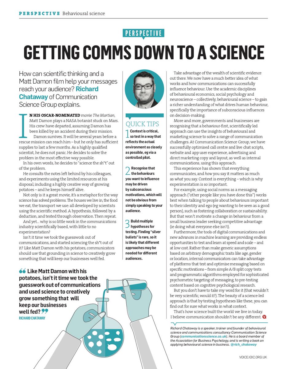 rich_chataway's tweet image. Non-paywalled version of my opinion piece for @IoICNews on being more scientific in (internal) comms here #behaviouralscience