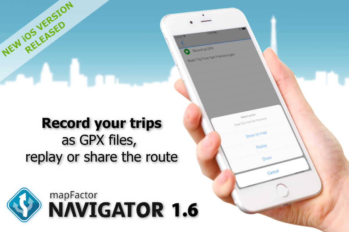 mapfactor's tweet image. #news #MapFactor #GPS #Navigation Maps 1.6 for #iOS has just been released allowing you to record your trips as GPX files which can be replayed or shared later. You find this feature in My Places/Recordings.