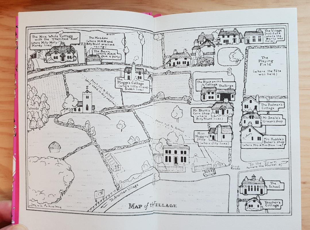 This map appeared as #endpapers in earlier editions of Milly Molly Mandy, illustrated by the author. I LOVE map endpapers, as with the Hundred Acre Wood illustrated by E H Shepard for Pooh. @272BookFaith @FJaffacake @AcornmoonArt @Byxelrok @MichaelRosenYes @booktrusst @KatrLon