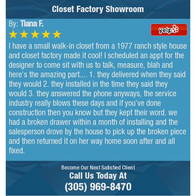 Closet_Factory's tweet photo. 5 Star: Tiana F. "I have a small walk-in closet from a 1977 ranch style house and closet factory made it cool! I..." https://t.co/0v8DuppECM https://t.co/sIRT6Ijt8G