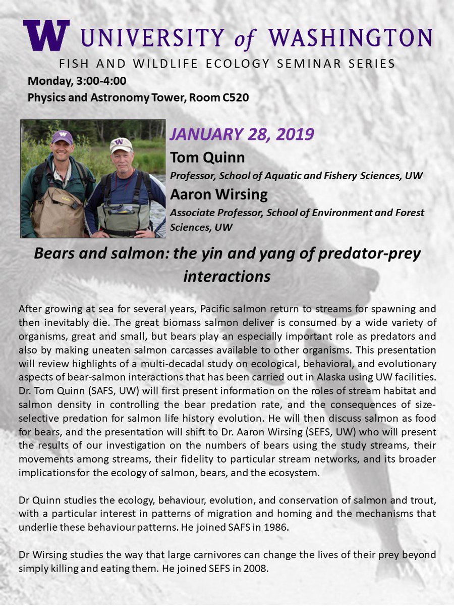 conversesj's tweet image. VERY excited about the Fish and Wildlife Ecology seminar for Monday, 1/28. We'll get to hear from Aaron Wirsing from @UW_SEFS and Tom Quinn from @UW_SAFS talk about bears and salmon. This is going to be awesome! Full schedule at depts.washington.edu/wacfwru/catego… @UWEnvironment