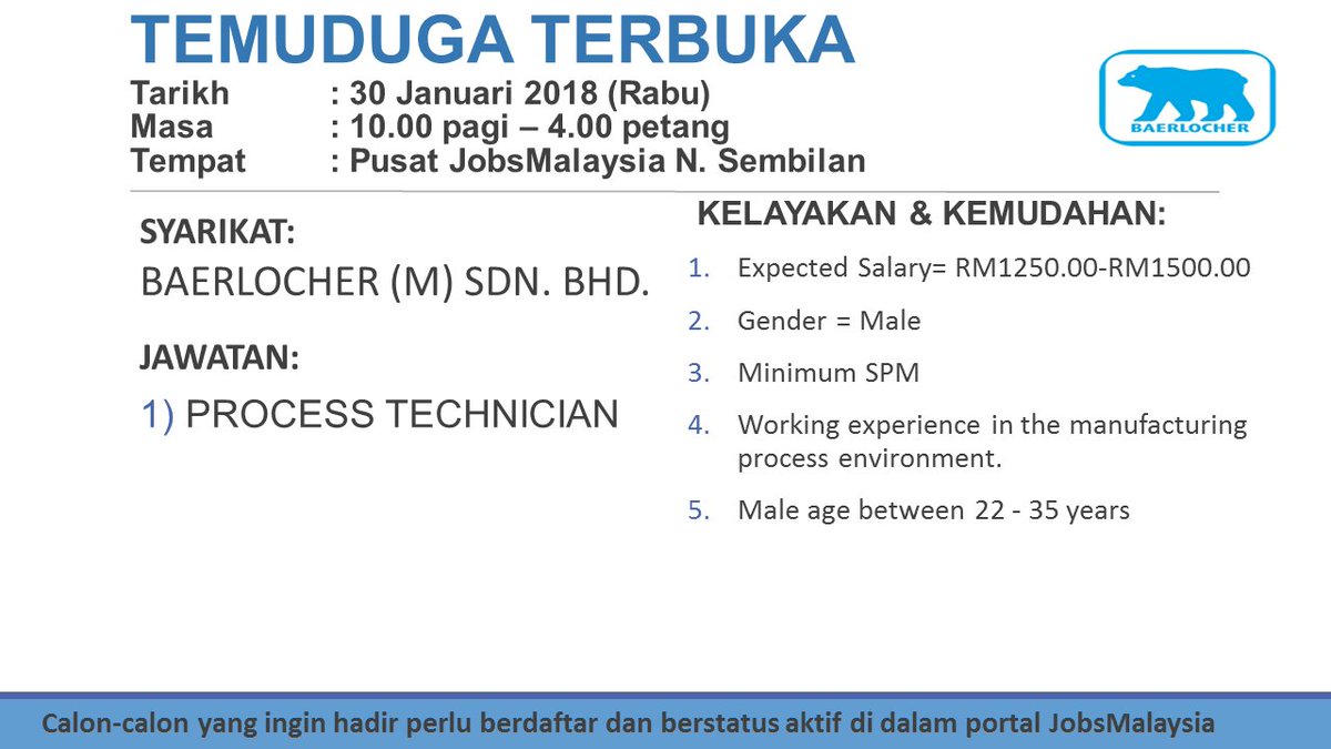 Jobsmalaysia Negeri Sembilan A Twitter Temuduga Terbuka Baerlocher M Sdn Bhd Di Jobsmalaysia N Sembilan Pada 30 Januari 2019 Calon Calon Yang Ingin Hadir Temuduga Perlu Berdaftar Berstatus Aktif Di Dalam Portal