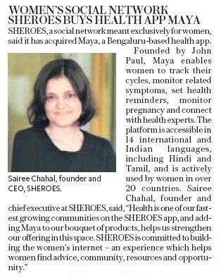 sheroes's tweet image. SHEROES Network brings #healthtech platform @MayaTheApp into the fold. 

#empathy #women #Health

14 million women | Onwards to 100 million women 🛩👭👭👭
