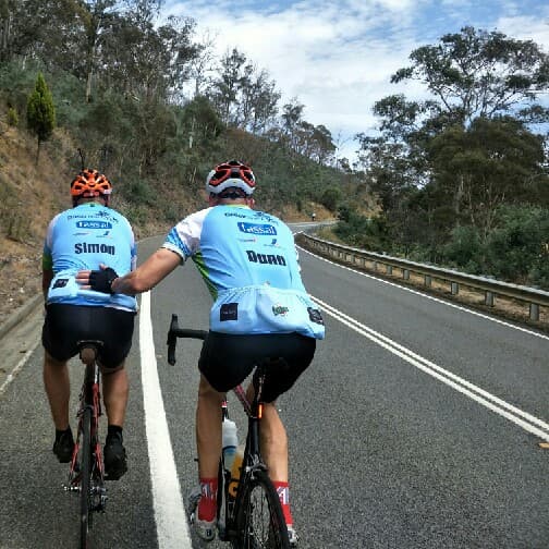 thereallearning's tweet image. This is what the ride is all about. We're nearly 100km in today - about 50km to go. 
This is a guy I barely knew before we started on Monday and here he is giving me a push up the toughest hill of the day. Talk about looking after each other. #breakthecycletas