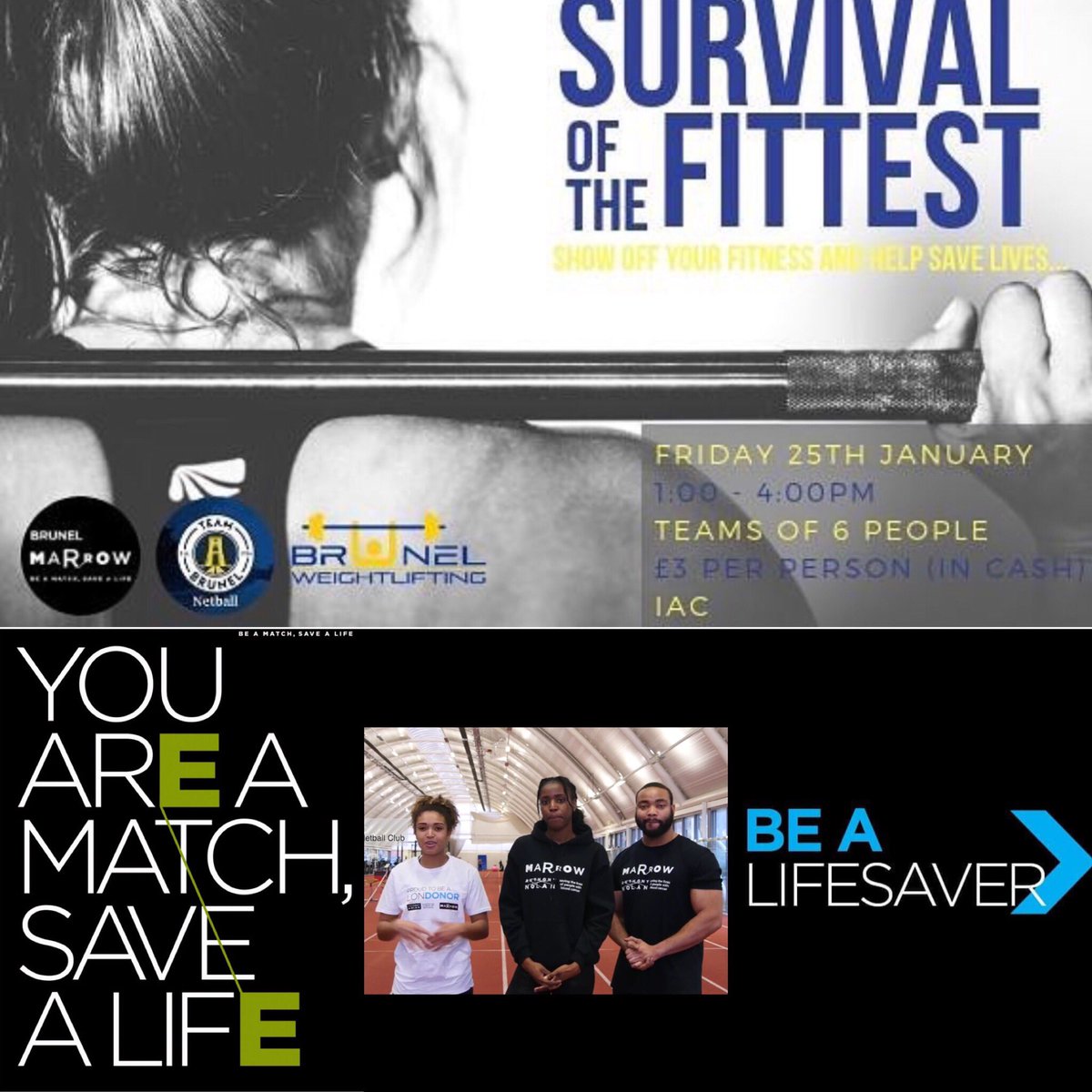 YOU ARE A MATCH - SAVE A LIFE

TODAYS THE DAY

Come down to the IAC from 1pm-4pm to compete in survival of the fittest and Sign up for the bone marrow donation register! 

BE A LIFESAVER 
<a href="/brunelstudents/">Union of Brunel Students</a> <a href="/TeamBrunel/">TeamBrunel</a> 
#bruneluni #TeamBrunel #brunelstudents #bonemarrowdonor