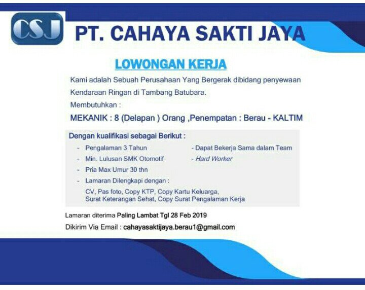 Lowongan Kerja Kaltim على تويتر Lowongan Mekanik Pt Cahaya Sakti Jaya Penerimaan Kabupaten Berau Kalimantan Timur Lokerkaltim Lokerberau