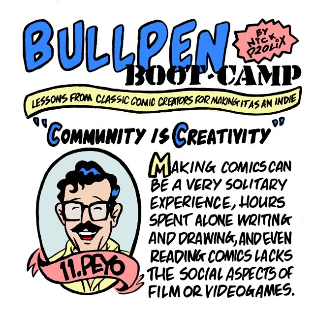 nickprolix's tweet photo. Today's #BullpenBootCamp for #LEARNUARY is the fantastic PEYO, who understood the importance of NURTURING your own CREATIVE COMMUNITY of peers to LEAN ON & LEARN FROM! #creativity #creativelife #indiecreator #indielife #inspiration #comics #artist #BandeDessinée #cartoonist #art https://t.co/QinZUBDrlS