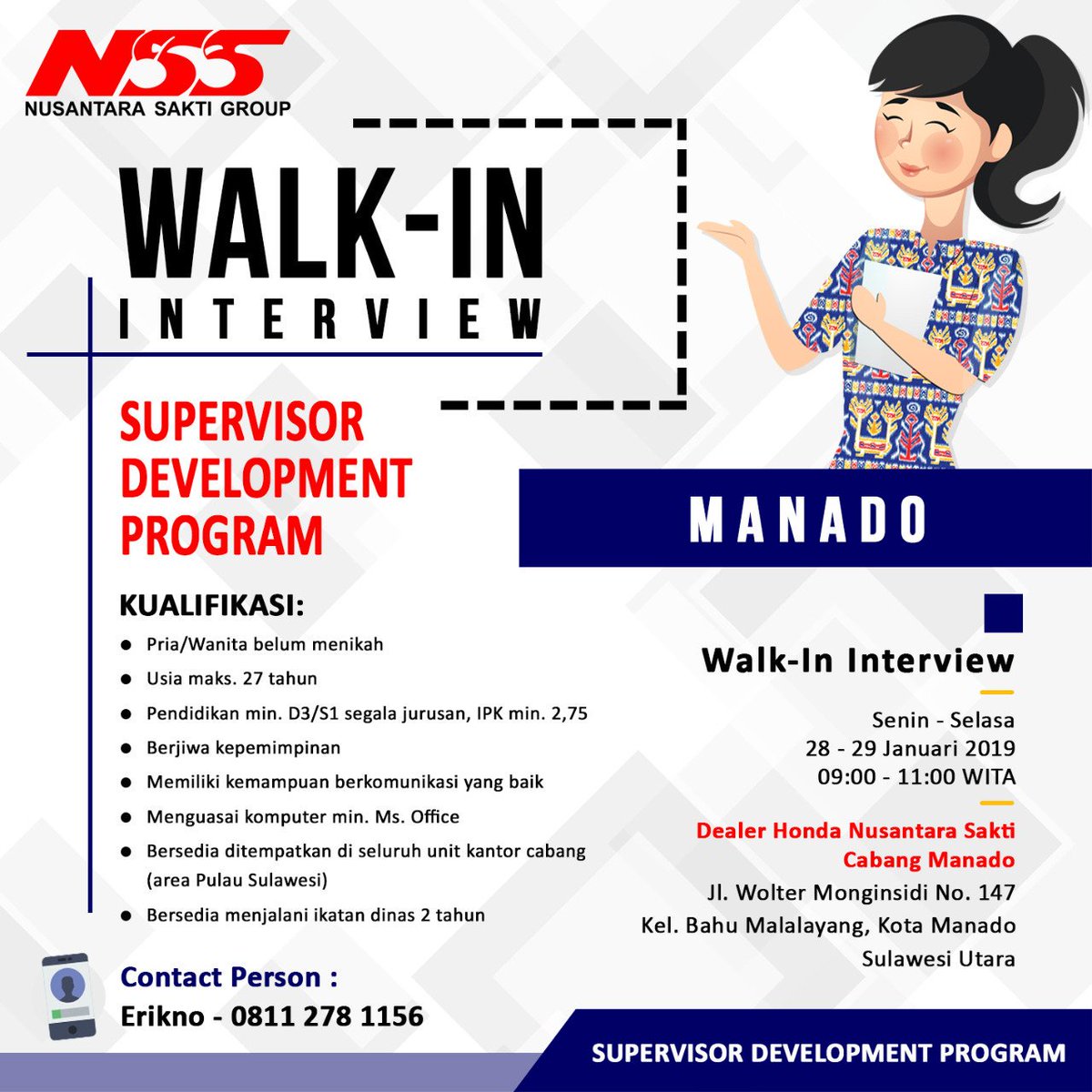 nsaktigroup's tweet photo. WII Supervisor Development Program (SDP) Nusantara Sakti Group hadir di Manado.

Dealer Honda Nusantara Sakti
Cabang #Manado 
Jl. Wolter Monginsidi No. 147
Kel. Bahu Malalayang, Kota Manado
Sulawesi Utara
CP : Erikno - 0811 278 1156

28-29 Januari 2019
09:00 - 11:00 WITA https://t.co/lmPGJ1Lvyf