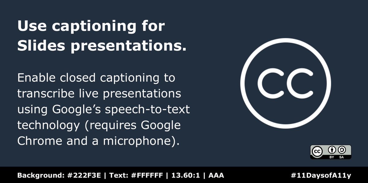 HumSS_TEL's tweet image. Day 9 of #11DaysofA11y, and a recent @gsuite #a11y feature to try. 👀

In Google Slides, enable closed captioning to transcribe live presentations using Google’s speech-to-text technology (requires Google Chrome and a microphone). 🎙

More information at support.google.com/docs/answer/91….