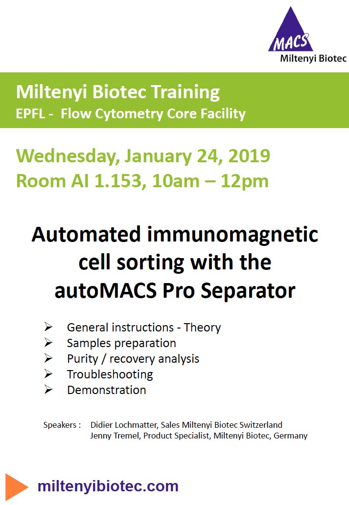 Cytometry_EPFL's tweet photo. Yesterday we had an excellent workshop on "Automated Immunomagnetic cell sorting with the #autoMACS Pro Separator" by Jenny Tremel, Produc Specialist from @miltenyibiotec.
Thanks to @miltenyibiotec for this collaboration. https://t.co/xHaTCYeCut