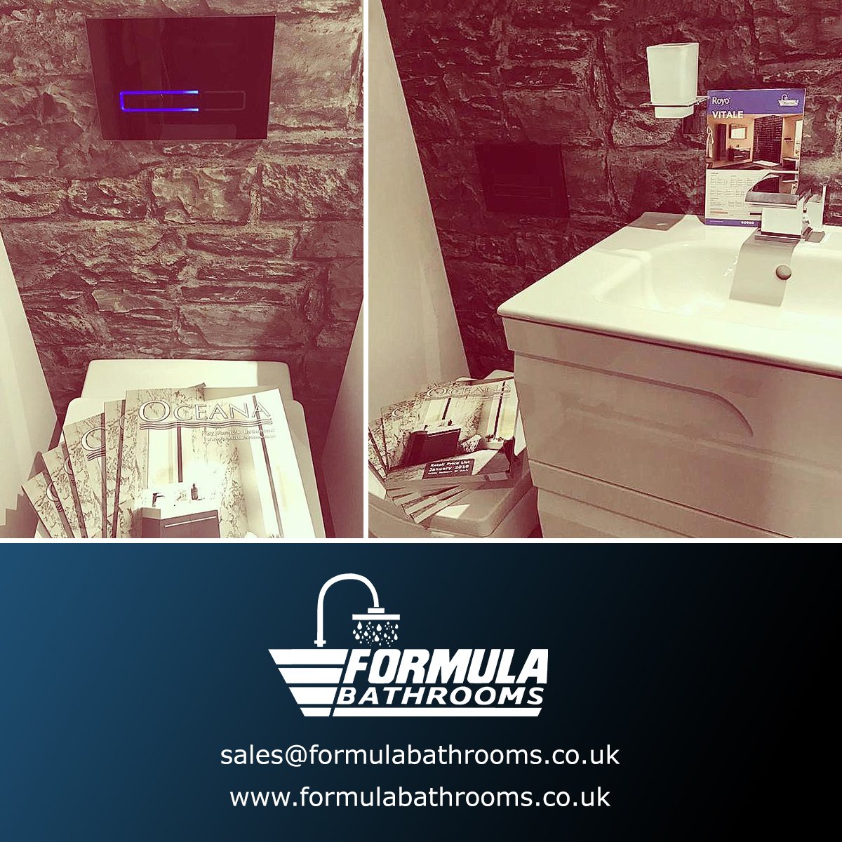 FormBathrooms's tweet photo. New 'Oceana By Formula Bathrooms' January 2019 Catalogue alongside a Tavistock Dual Flush Plate and Royo Vitale Floorstanding Unit showroom display.
#formulabathrooms #oceana #tavistock #kudos #royo #palioclic #trojanbaths #showerwall #cosytoes #aprilproducts #airflow #redring https://t.co/0FeIoCVDW0