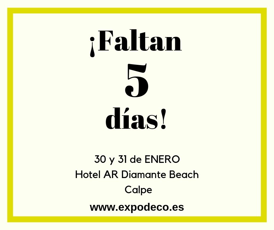 EXPODECOes's tweet photo. ¡Solamente quedan 5 días para #ExpoDeco2019! 

Tenemos muchísimas ganas de que llegue el día, ¡ya queda nada!

Por si te has despistado y todavía no tienes tu entrada...👉 https://t.co/Aay8vs7Fbt
·
·
·
#arquitectura #decoracion #interiorismo #diseño #reformas #construccion #feria https://t.co/t1BmSAWHWS