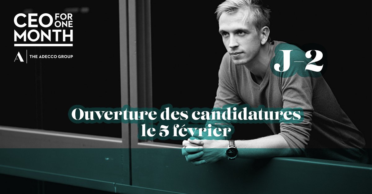 J-2 avant l'ouverture des candidatures #CEOforOneMonth ! Vivez un processus de recrutement unique et tentez de partager le quotidien de <a href="/chcatoir/">Christophe Catoir</a>, président France The Adecco Group pendant un mois ! Plus d'informations : groupe-adecco.fr/ceo1month/fran… #imaginonslemploi