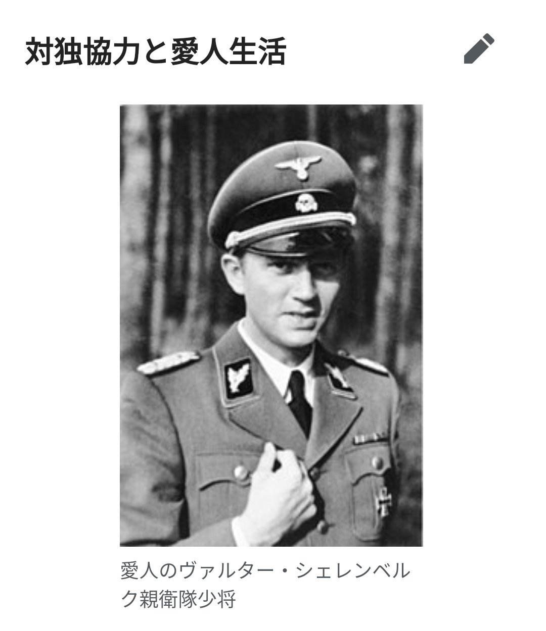 ハッピー ヴルスト Wikiのココ シャネルのページには 愛人のヴァルター シェレンベルク親衛隊少将 って思いっきり書いてあるんだな ハッピー ヴルスト Wikiのココ シャネルのページには 愛人のヴァルター シェレンベルク親衛隊少将 って思いっきり書いてあるんだな
