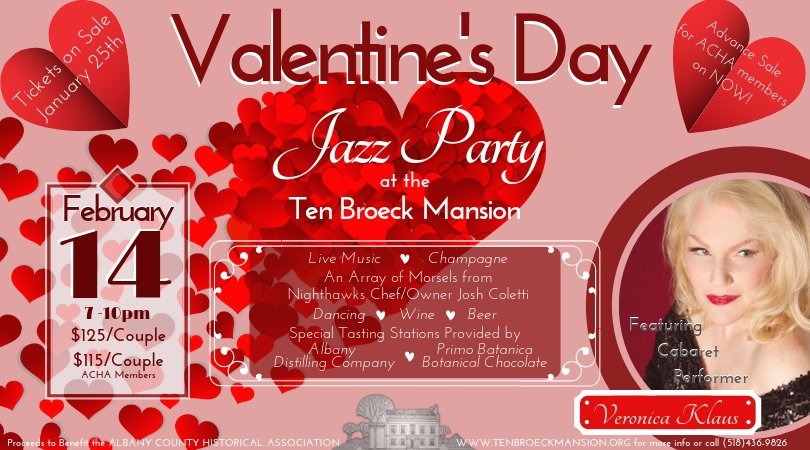 Tickets for our Valentine's Day Jazz Party are now available! Head over to tenbroeckmansion.org to find out about all of the exciting things happening on 2/14 and to reserve your tickets.