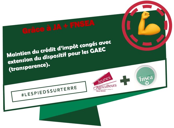 FDSEA57's tweet image. JA + FNSEA ont obtenus le maintien du crédit d'impôts congés avec extension du dispositif pour les GAEC (transparence). Votez JA+@FDSEA57 pour de nouveaux acquis syndicaux demain. S'abstenir s'est laisser faire les autres, donc RIEN.