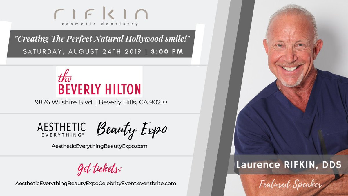 AestheticEvExpo's tweet photo. Welcoming Speaker Faculty: @LaurenceRifkin, DDS - "Creating The Perfect Natural Hollywood Smile"

2019 Aesthetic Everything Beauty Expo

Saturday, August 24th 2019 - 3:00pm

Learn more: https://t.co/9GuquGGqfz

#AEbeautyexpo #event #beauty #aesthetics #beverlyhills #dentist https://t.co/NqqubJpENJ