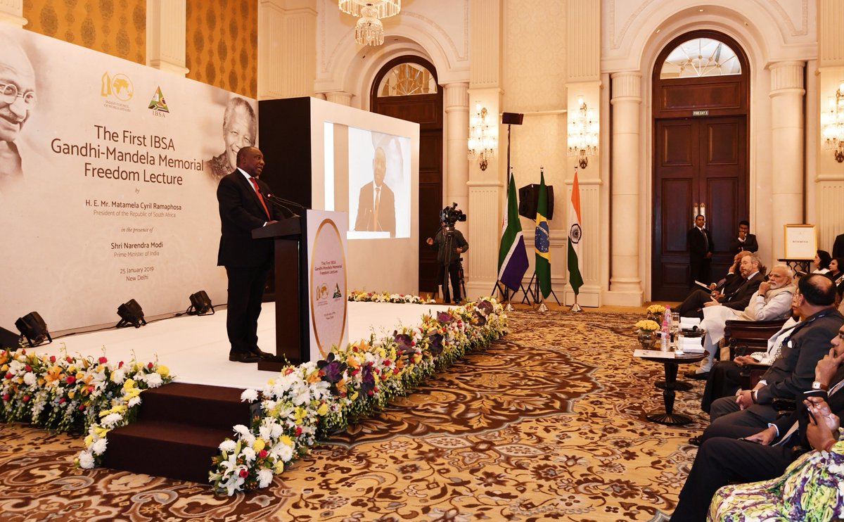 PIB_India's tweet photo. President of South Africa @CyrilRamaphosa delivered the first IBSA Gandhi-Mandela Memorial Freedom Lecture in the presence of PM @narendramodi in New Delhi. https://t.co/FyAxGtUDuC