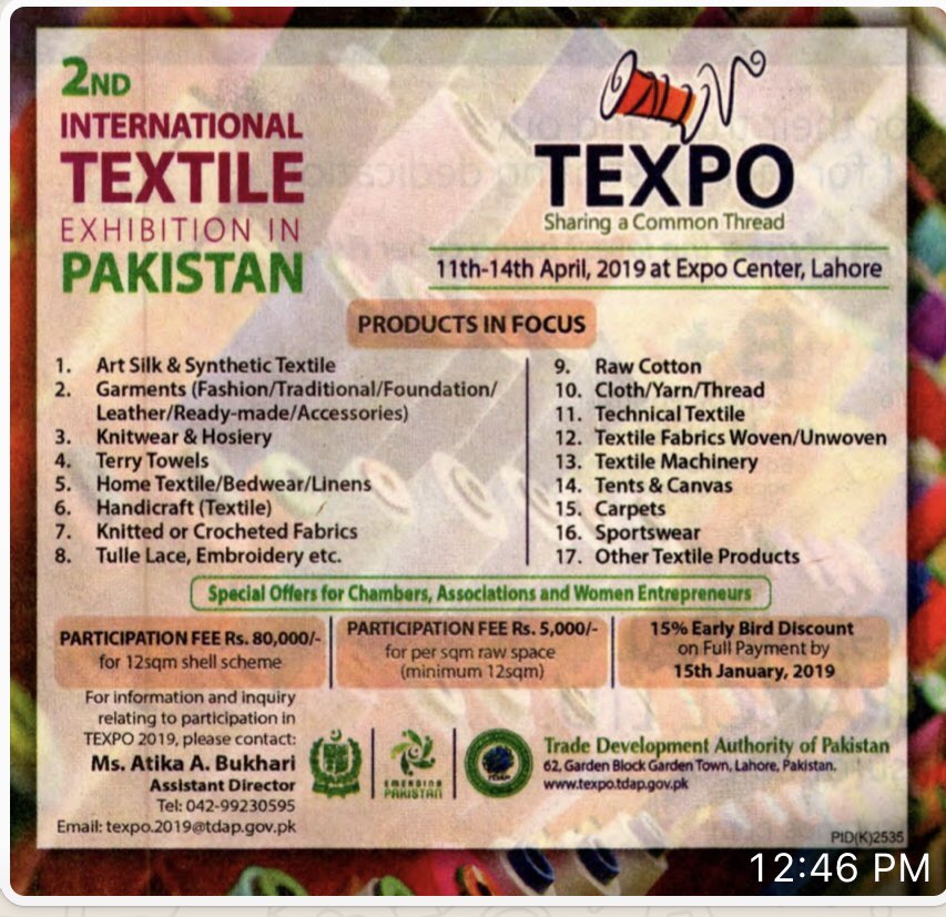 EmdLcci's tweet photo. 50% discount to #LCCI members for stall booking.👌🏻  #TEXPO 2019, the 2nd edition of #internationaltextile sector #exhibition on 11-14, April 2019, by #TDAP at #ExpoCentre #Lahore.  #pakistanin2019   Interested members can contact @EmdLcci 111-222-499 ext 309 https://t.co/Fv7NiF3Eso