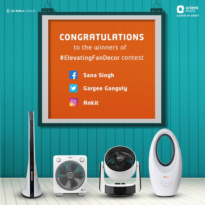 orient_electric's tweet photo. Congratulations to the winners of the contest #ElevatingFanDecor. Kindly inbox us your details to claim your gratifications. https://t.co/eRWZKnBQyb