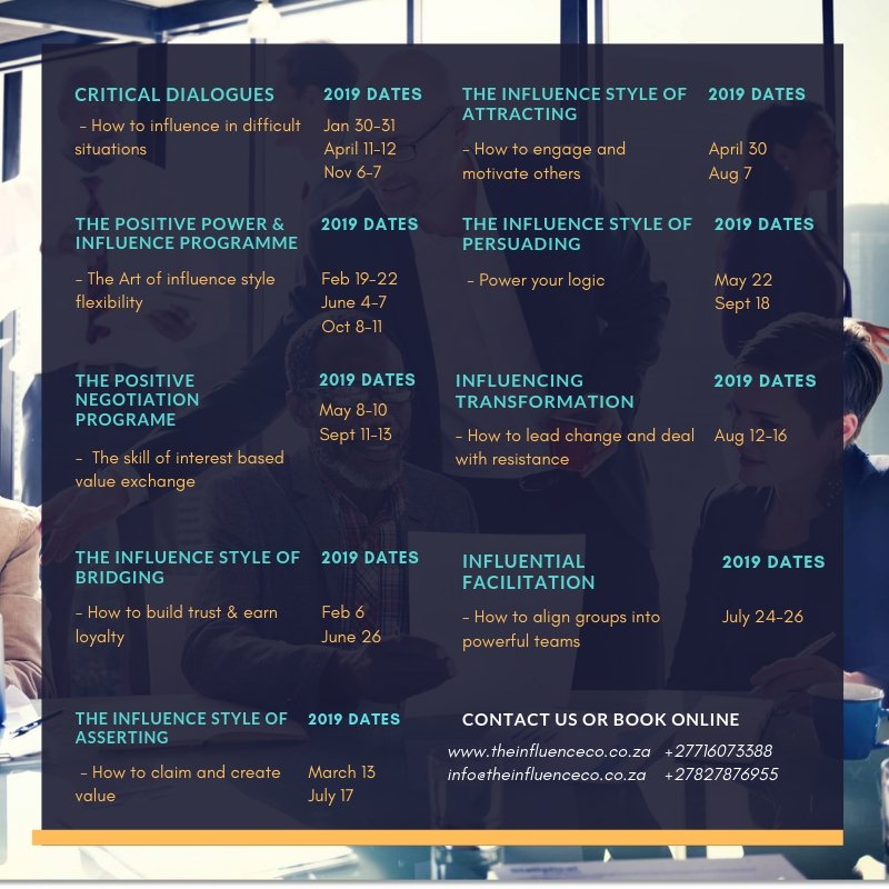 WmpMagazine's tweet image. RT @The_InfluenceCo: Influence touches everything that people and organisations need in order tuo thrive and succeed.

Master Your Influence Flexibility - Register online for your or a colleague via (link: theinfluenceco.co.za) 

#training #personalde…