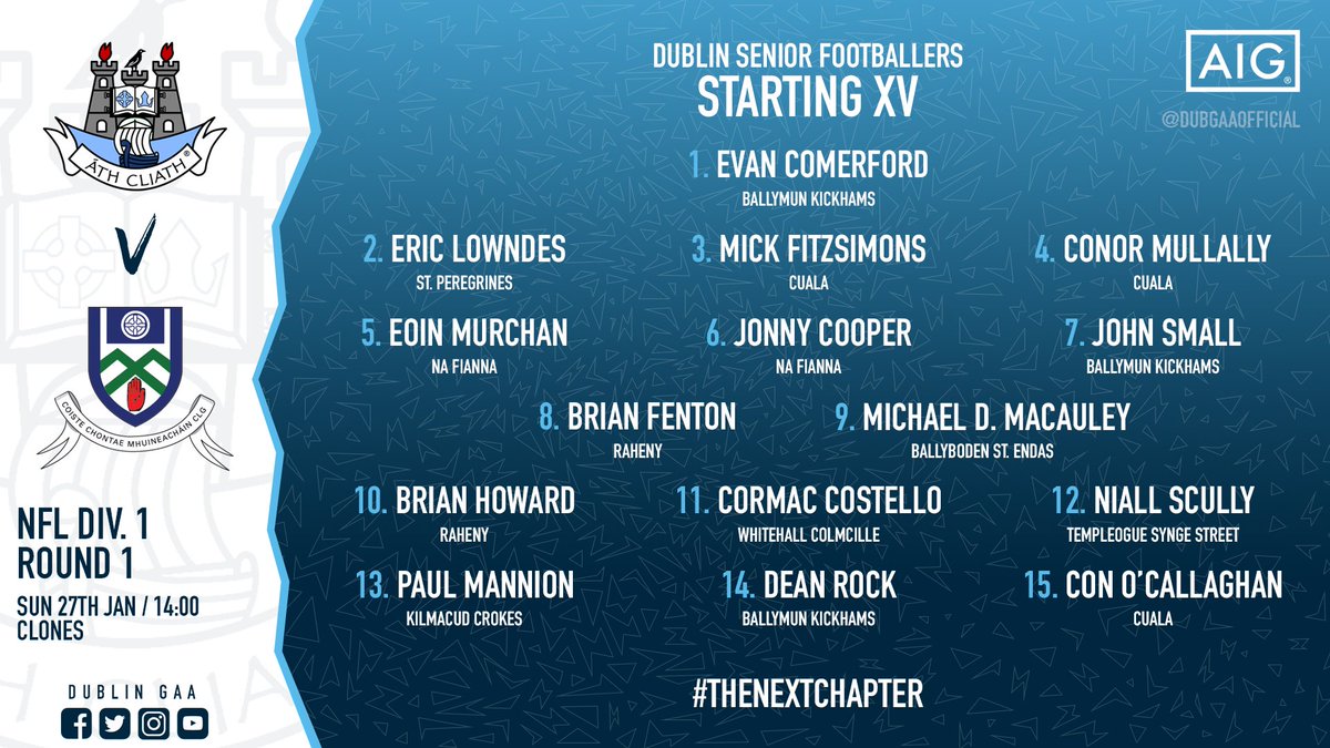 Here is the Dublin starting XV for tomorrow's opening NFL clash with <a href="/monaghangaa/">@monaghangaa</a>! 🔥#TheNextChapter