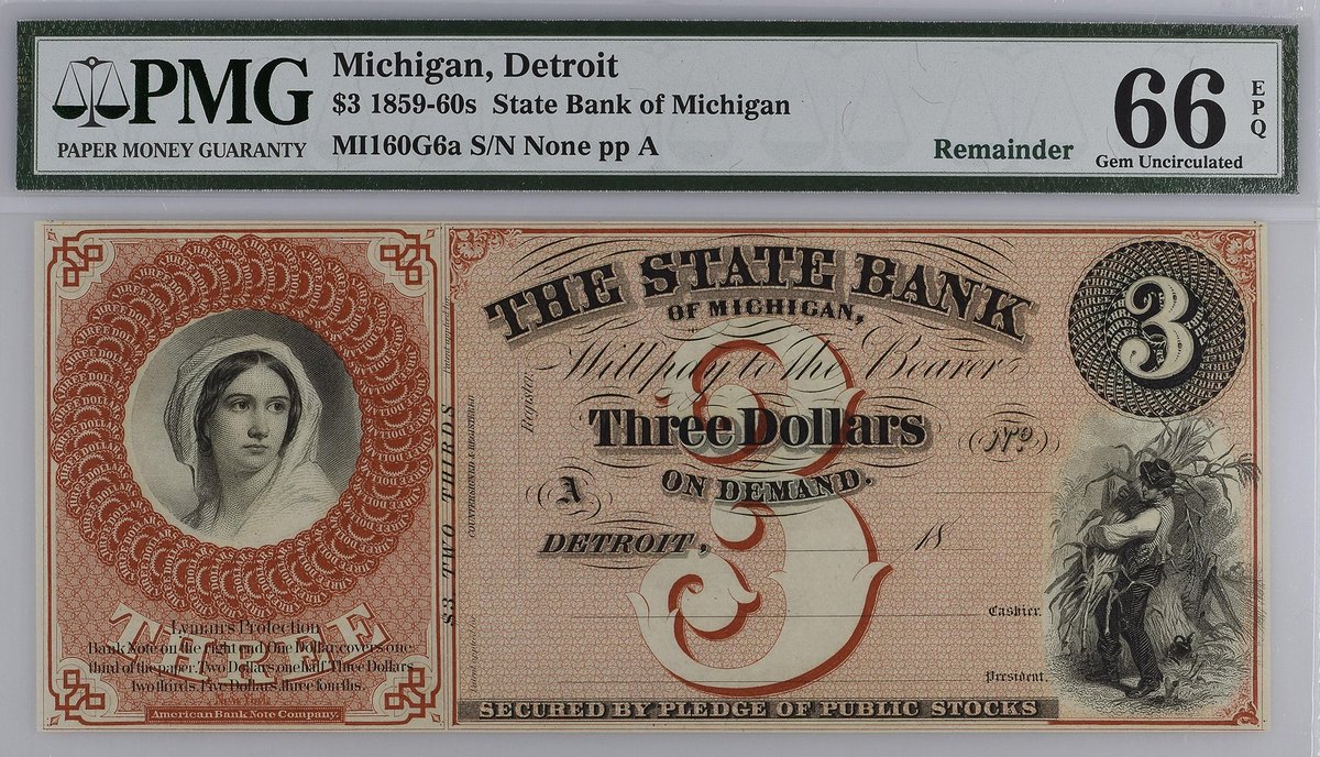 PMGnotes's tweet image. Note of the Day: Michigan, Detroit (State Bank of Michigan) 1859-60s $3. (On January 26, 1837, Michigan became a state.) ... #pmg #pmgnotes #papermoney #currency #banknote #banknotes #note #notes #michigan #detroit #dollar #bank