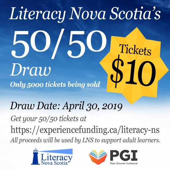 literacy_ns's tweet photo. Proceeds from our 50/50 draw will be used by LNS to support #AdultLearners! Only 5000 tickets will be sold. Get yours today! Draw date: April 30, 2019. https://t.co/IdCTcGsIo6 #LiteracyChangesLives #NSPGI19 https://t.co/chgFkLu1C8