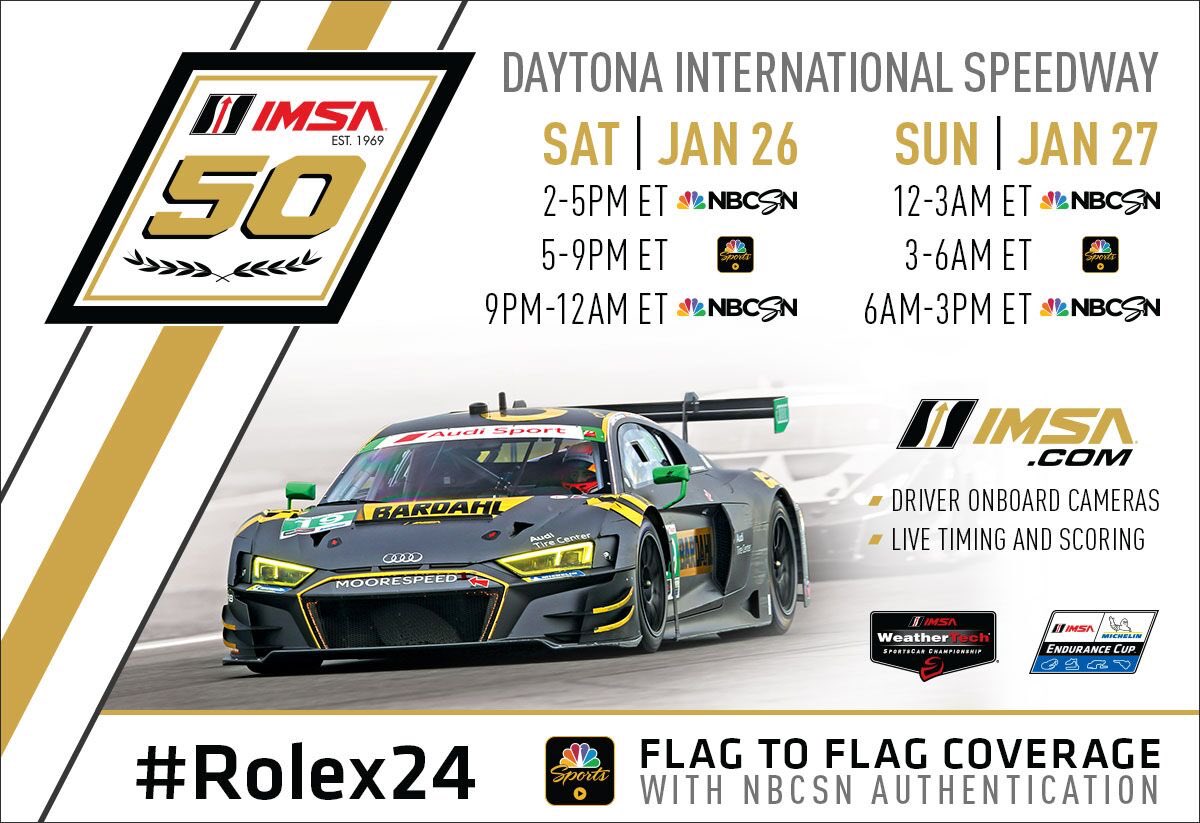 MikePerez86's tweet photo. For those still wondering about tomorrow’s #flagtoflag coverage of the #Rolex24 here is your handy info graphic @NBCSports @NBCSportsPR @IMSA @Rolex24Hours https://t.co/K7fx0M4CtY