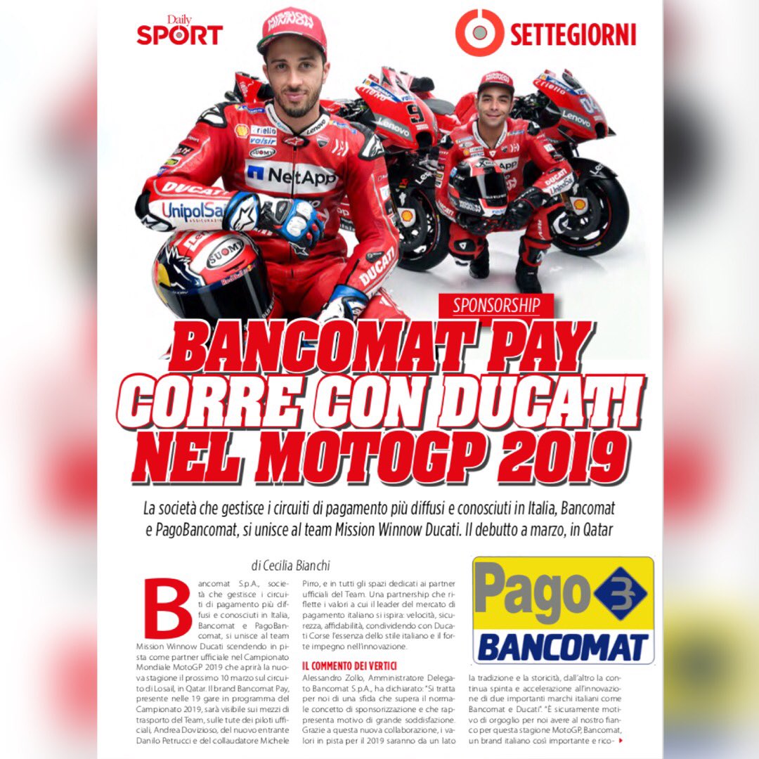 DailySPORTol's tweet photo. Bancomat Pay corre con @DucatiMotor nel #motogp #2019 

#forzaducati #ducati #sponsorship #pagobancomat #moto https://t.co/LG8OHdHfAD