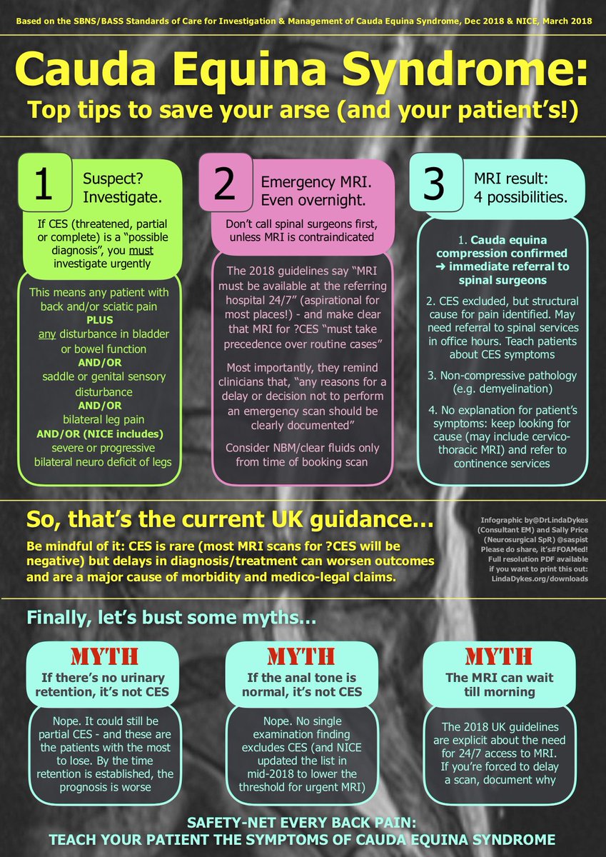 Cauda Equina Syndrome: missed/delayed diagnosis can be catastrophic for patients. Did you know UK guidelines were updated in 2018 to lower the threshold for urgent MRI? <a href="/saspist/">Sally Price</a> and I have summarised for EM/GP. PDF available at lindadykes.org/downloads  #FOAMed Please do share!