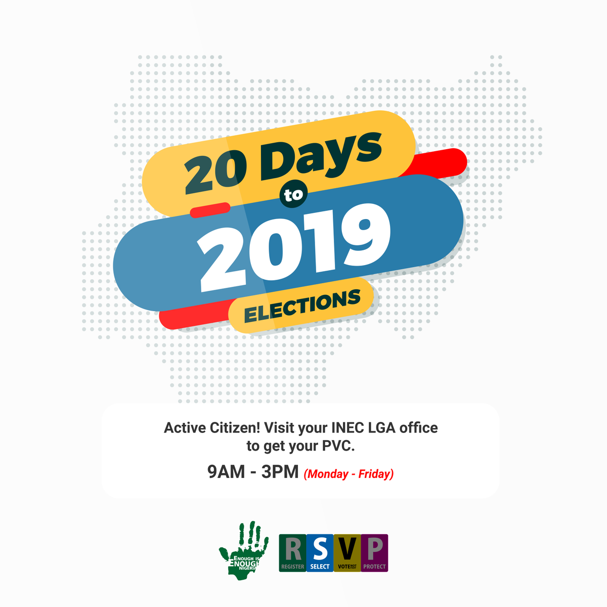 EiENigeria's tweet photo. No matter your political opinions or background, your voice matters, and it is your constitutional duty to make sure it's heard. VOTE!

#NoPVCNoVoting #NigeriaDecides2019 https://t.co/pd666GXZvb