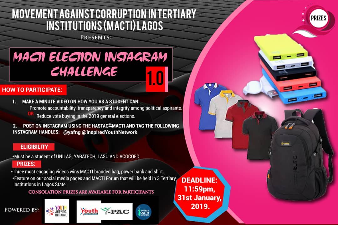InspiredYouthNt's tweet photo. Are you a student of LASU, Unilag, Yabatech or AOCOED?
Are you interested in seeing a positive change in the 2019 general elections?
If yes, submit your entry for this Instagram Challenge and win prizes.
#MACTI
@Abiology
@YAFng https://t.co/GGqmAWLZDl