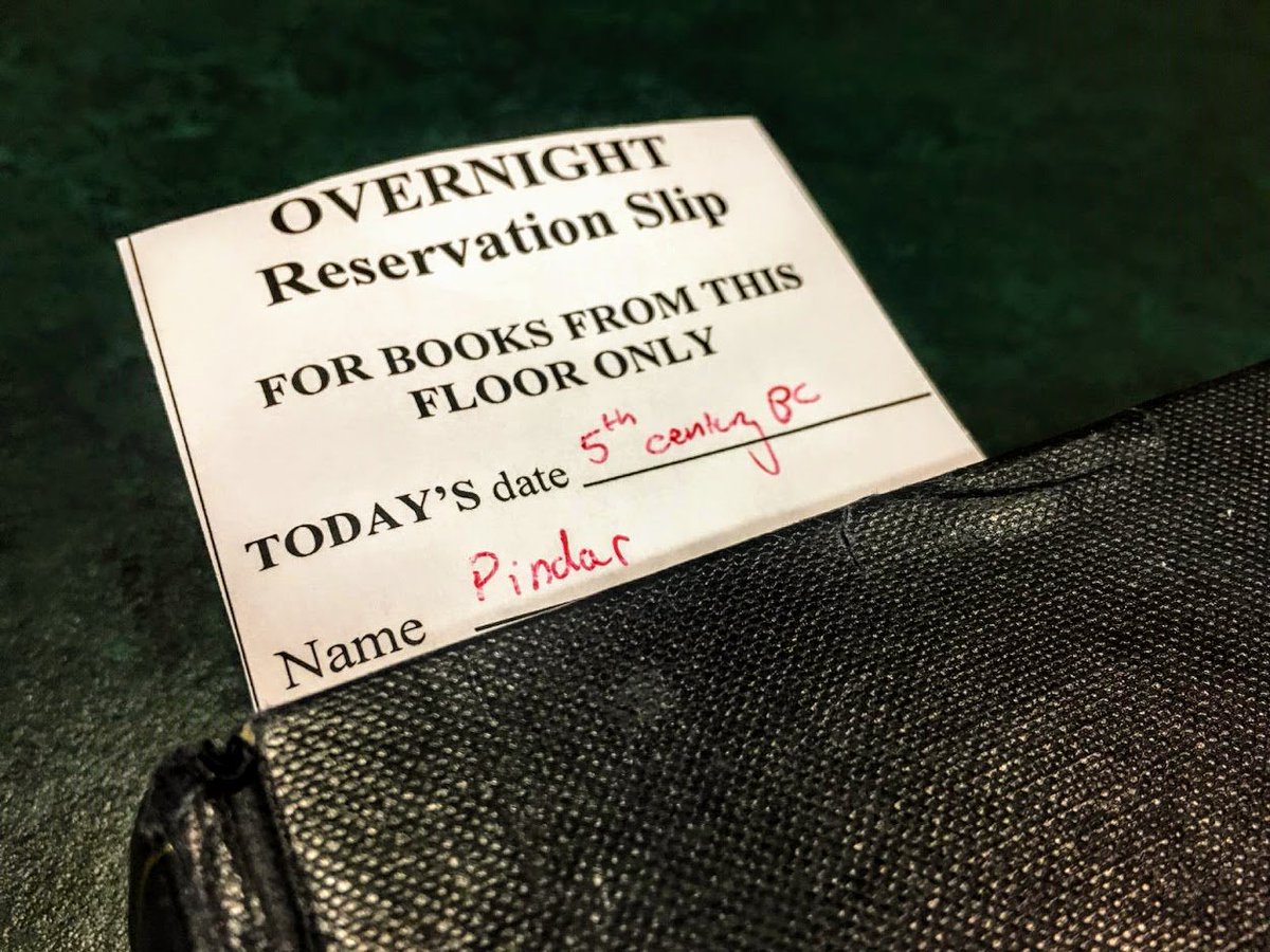 Looks like we have ourselves a comedian, ladies and gentlemen...

Unfortunately, readers can only leave books on our Reservation Points overnight, and not for 2,500 years, so this one's going back on the shelves. Sorry, Pindar.