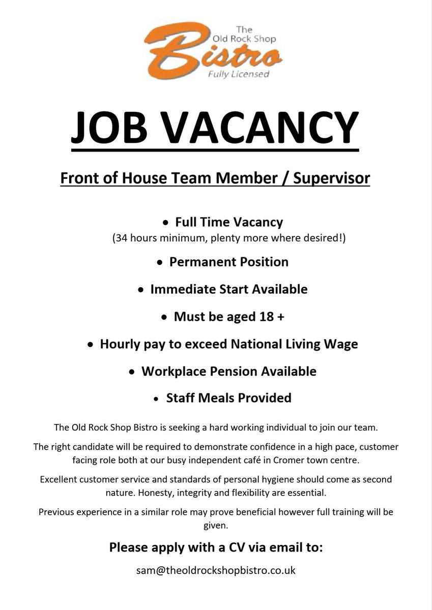 Please RT

Job Vacancy in Cromer!

Front of House Team Member / Supervisor

Full Time Hours (Minimum 34 hours, plenty more available!)

Pay to exceed National Minimum Wage

Free Staff Meals (&amp; no shortage of tea &amp; coffee)

#Cromer #LoveCromer #Cafe #NorthNorfolkJobs #NorthNorfolk