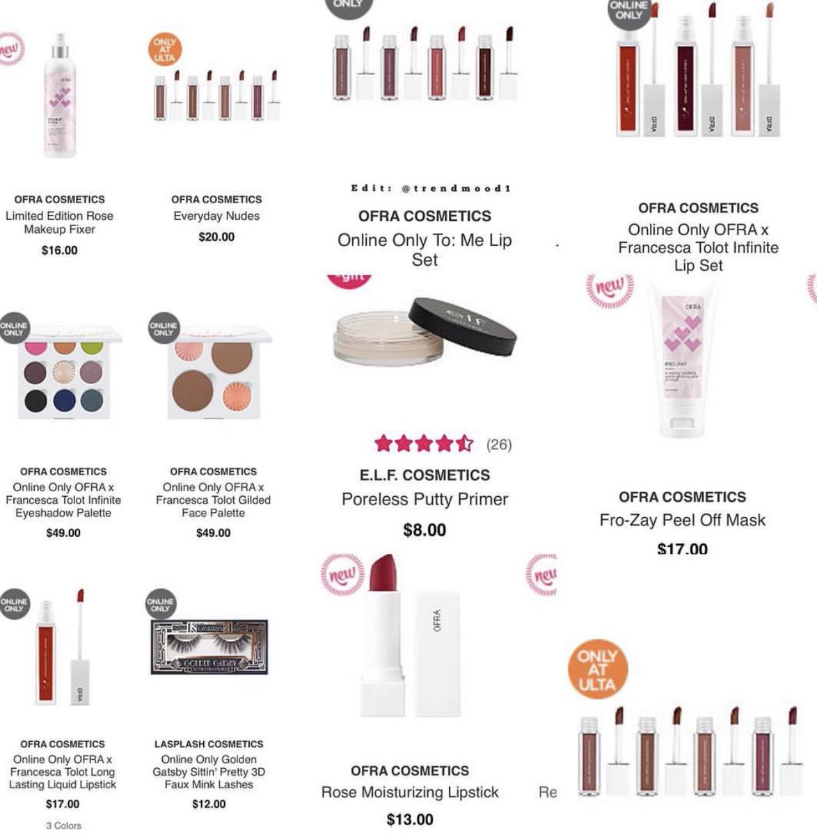 Trendmood's tweet photo. Available NOW! šØ LINK ā”ļø https://t.co/EkEatodh20 online @ultabeauty š§”:
1. @ofracosmetics The NEW!! Collaboration šØ #OFRAXFrancesca
2. BACK #InStock šØ @elfcosmetics š Poreless Putty Primer $8
3. #lasplashcosmetic has arrived to Ulta https://t.co/pT1sdU3dqw