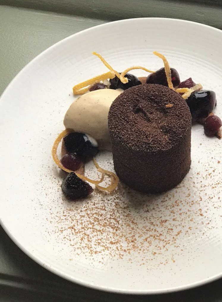 Dark Chocolate Bavarois, Mulled Wine Jelly, Gingerbread Ice Cream. Rich and lightly spiced, perfect for keeping out the cold #thebeacon