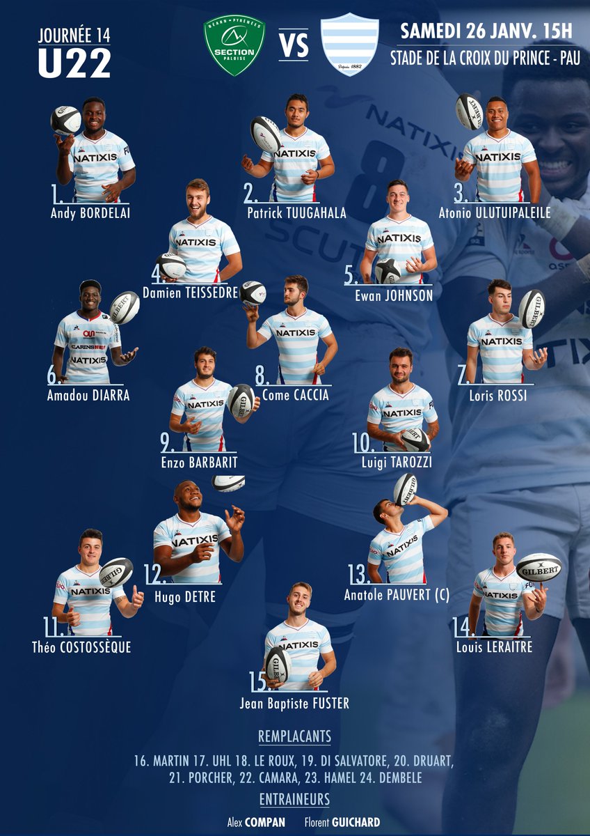 Racing 92 (@racing92) on Twitter photo 📋| ESPOIRS | <a href="/SectionPaloise/">Section Paloise Béarn Pyrénées</a> vs Racing 92
Avant la trêve, nos Espoirs se déplacent pour affronter les palois, en tête de classement avec 40 points !
Découvrez le XV de départ de nos jeunes Ciel et Blanc 👏
#RacingFamily 📋| ESPOIRS | <a href="/SectionPaloise/">Section Paloise Béarn Pyrénées</a> vs Racing 92
Avant la trêve, nos Espoirs se déplacent pour affronter les palois, en tête de classement avec 40 points !
Découvrez le XV de départ de nos jeunes Ciel et Blanc 👏
#RacingFamily