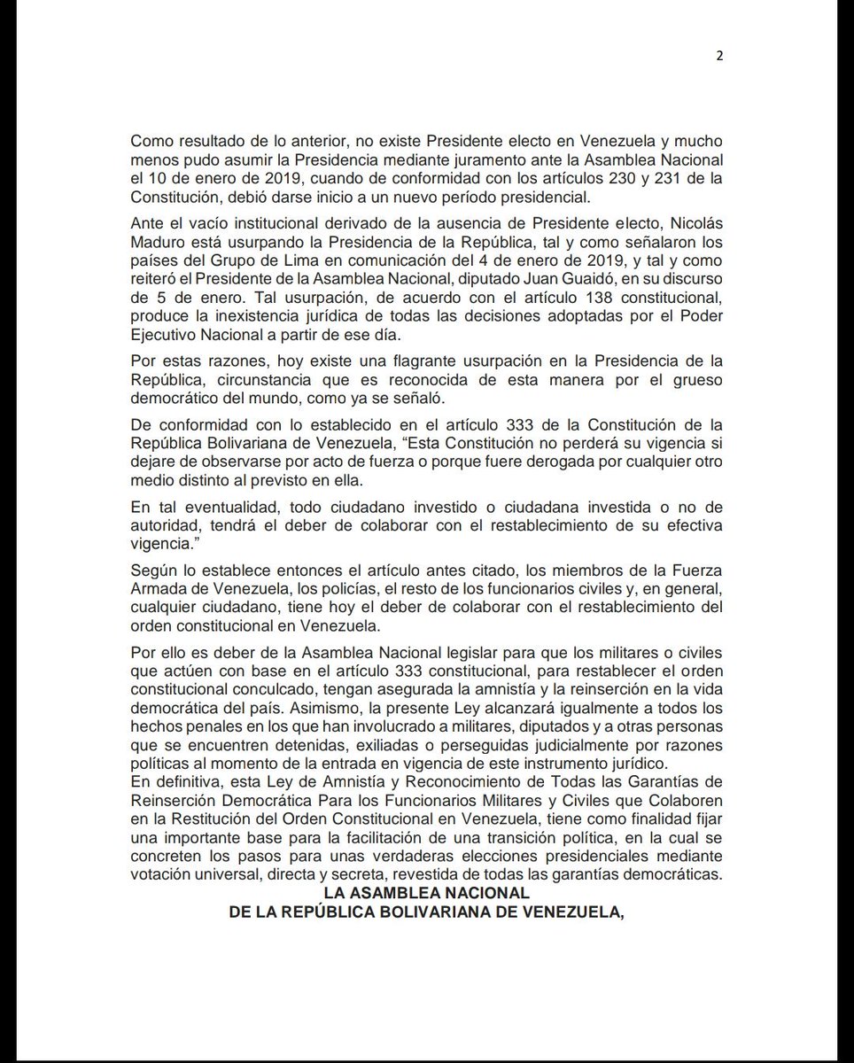 ANAVILLALBA's tweet photo. Ley de Amnistía que reconoce todas las garantías a funcionarios militares y civiles que colaboren con la restitución del orden constitucional en Venezuela.
Arts 233 y 333 de la Constitución.
Llamado a elecciones en 28/30 días.
#venezuela #leydeamnistía #leydeamnistia #25ene #25E https://t.co/jwNr5fu11h
