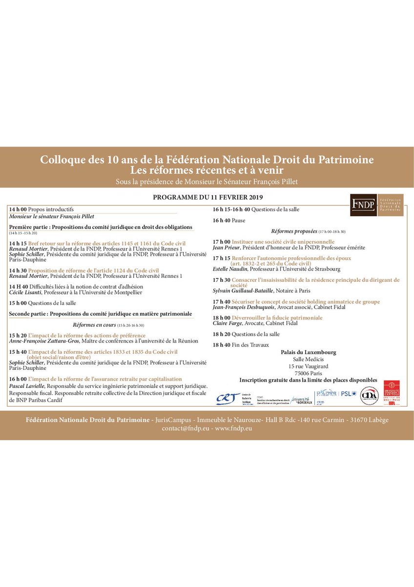 LextensoNotaire's tweet image. Colloque des 10 ans de la Fédération Nationale Droit du Patrimoine #FNDP au Palais du Luxembourg à Paris le lundi 11 février 2019 - #Notaires - Programme : lext.so/UQNqd7
