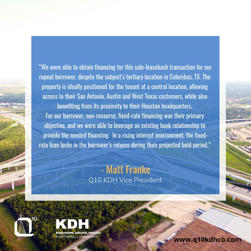 Matthew Franke and Michael Borden secured a non-recourse, fixed-rate loan for the acquisition of an industrial/manufacturing property located in Columbus, TX. bit.ly/2S9G9Se
#houstoncre #closings #closed #commercialrealestate #commercialmortgages #cre #houstonrealestate