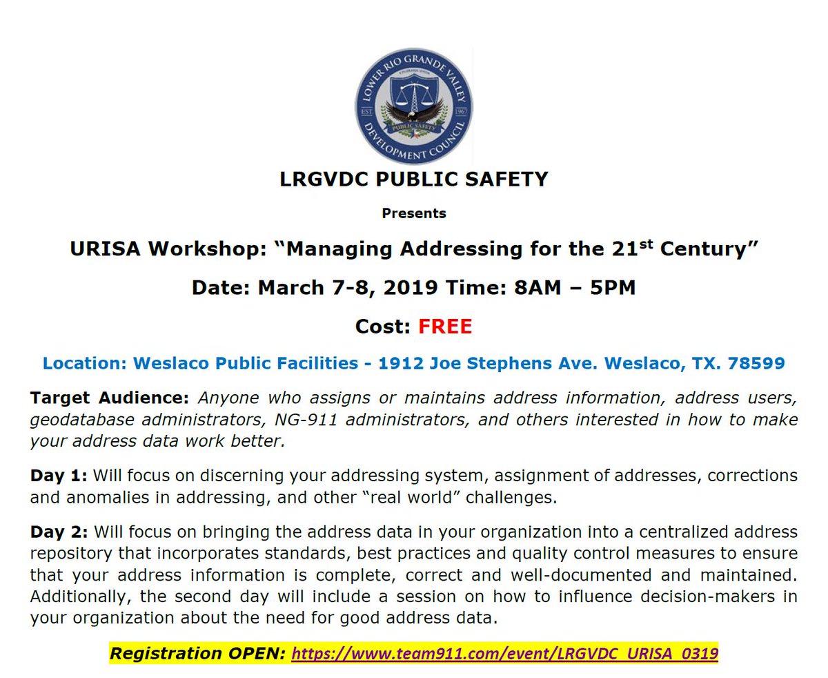 lrgvdc911's tweet photo. FREE: URISA Workshop is being hosted by LRGVDC PUBLIC SAFETY
Registration OPEN @lrgvdc_ps https://t.co/RnReuJMXcI