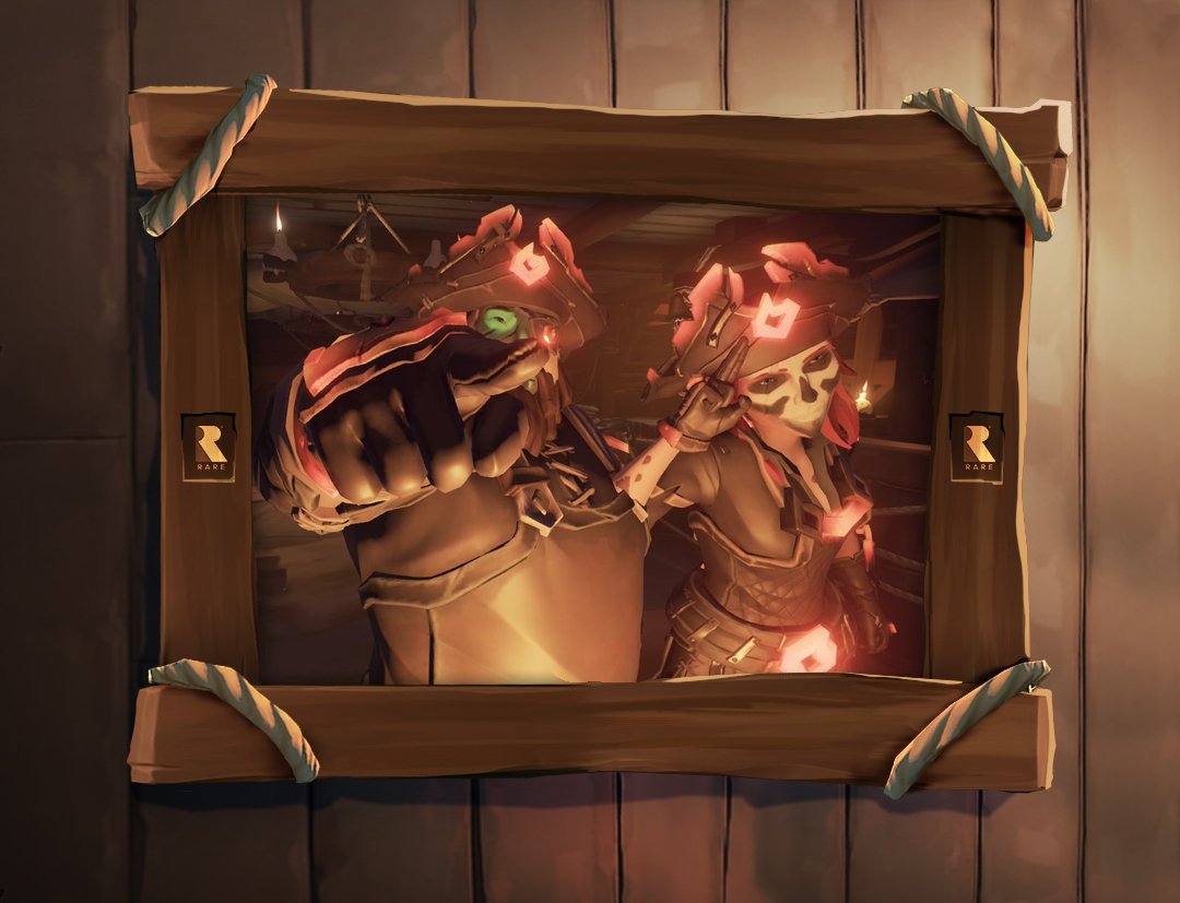 SeaOfThieves's tweet photo. We couldn't decide between these two stunners for this week's framed #SoTShot. Kudos goes to @jack_grog for the sunset shadows and to @bagsmanbagnall for these two friendly/unfriendly pirates! Got a shot you think we should see? Tag it #SoTShot for a chance to be featured. https://t.co/yfUOian1B5
