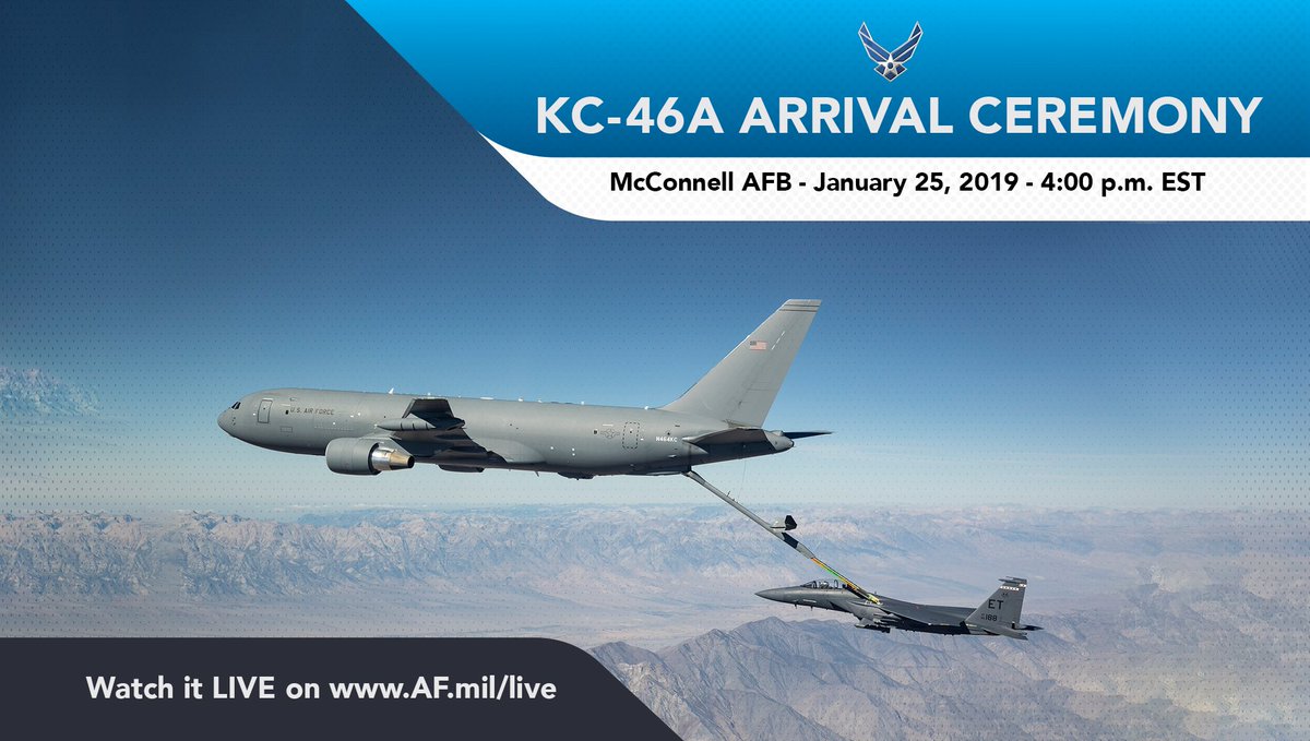 usairforce's tweet photo. Tune in today at 4 p.m. EST to witness the #KC46Delivery @22ARW! Watch it live: https://t.co/ZIG9cFdYHv #TeamMcConnell #KC46 https://t.co/uDhfHk0Ewr