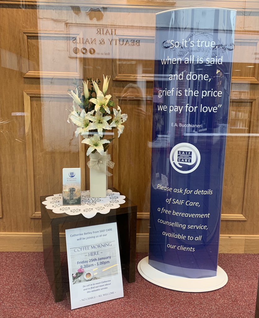 A lovely window display from SAIF Care members Peasgood & Skeates, informing their community about our bereavement care service #funeraldirectors #independent #bereavementcare