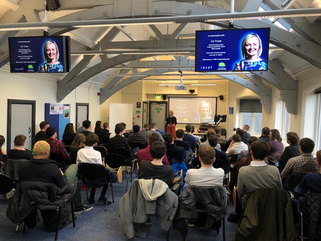 trussliz's tweet photo. Loved speaking to @LeedsUniUnion and @1828uk about how we win over Gen Z with freedom loving policies. Great ideas on freemarket environmentalism, housing and tax. #freeleeds #genz #breakthroughgen https://t.co/aZXpPxrfGv