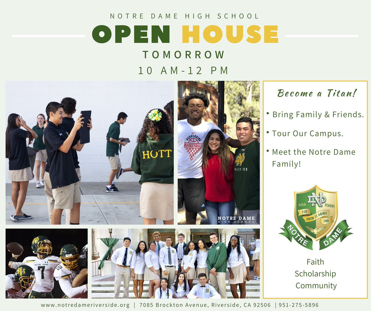 NDHSRiverside's tweet image. Join us on campus tomorrow from 10am-12pm for our 2019 Open House! Tour campus, walk with teachers, and find out what Notre Dame has to offer your student! There's #moretobeingatitan