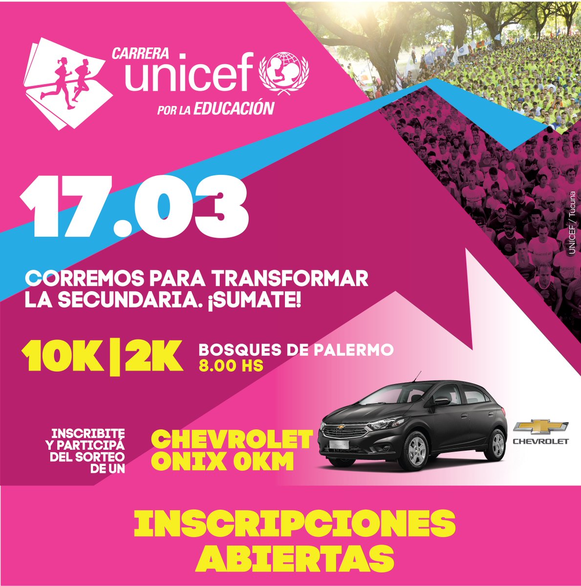 La fórmula es perfecta:
🏃‍♀️🏃‍♂️Corrés para estar en forma
😍Pasás una mañana increíble
👨‍🎓Contribuís a #TransformarLaEducación
¿Nos ayudás a difundir la #CarreraUNICEF?
Inscribite en bit.ly/2FCinYY