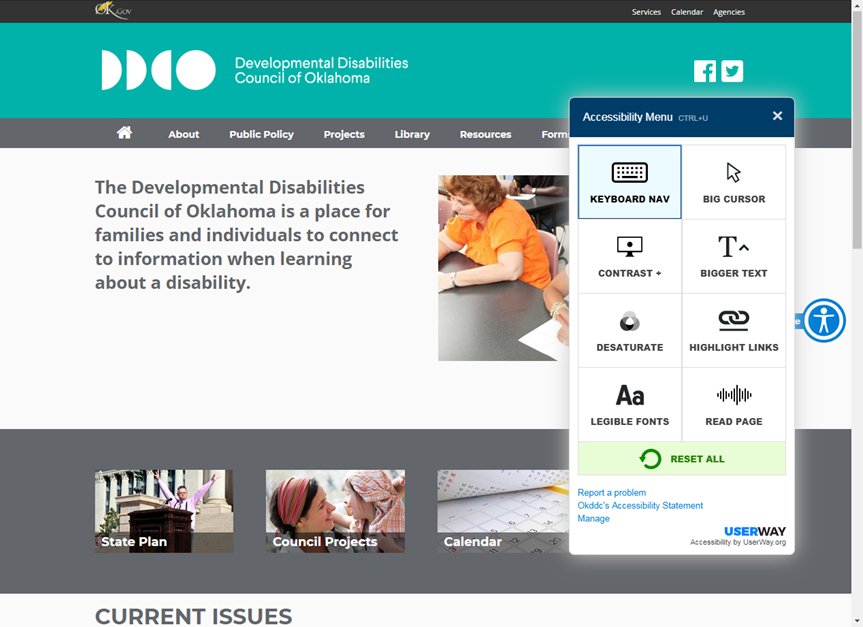 OKDDC's tweet photo. We're so excited to have the @UserWayOrg widget added to our website. Be sure to check it out! Thanks to @OklahomaOMES for getting us set! #DDCO #OKDDC #AccessForAll #AccessibilityMatters https://t.co/5nqaZ4trHx